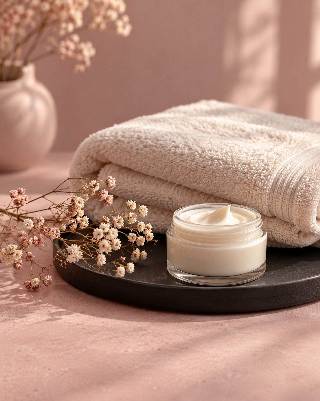 Soin : serviette, crème et fleurs séchées
